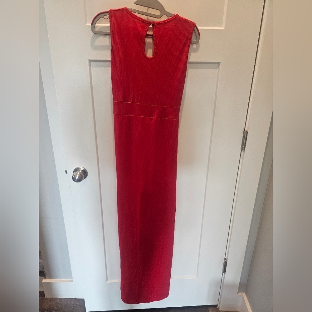 True Rock Red Ribbed Maxi Dress Size XXL | Sleeveless Stretch Knit Shorts Dress - Picture 4 of 10